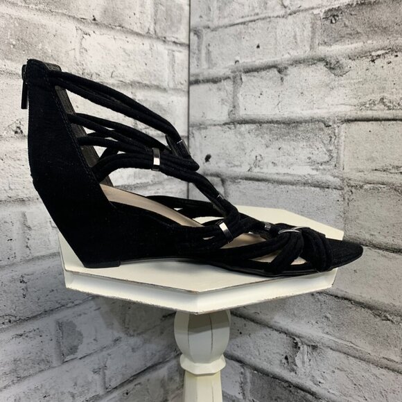 BAR III Black Strappy Faux Suede Open Toe Wedge Sandals Kalyn Heels - Picture 3 of 9